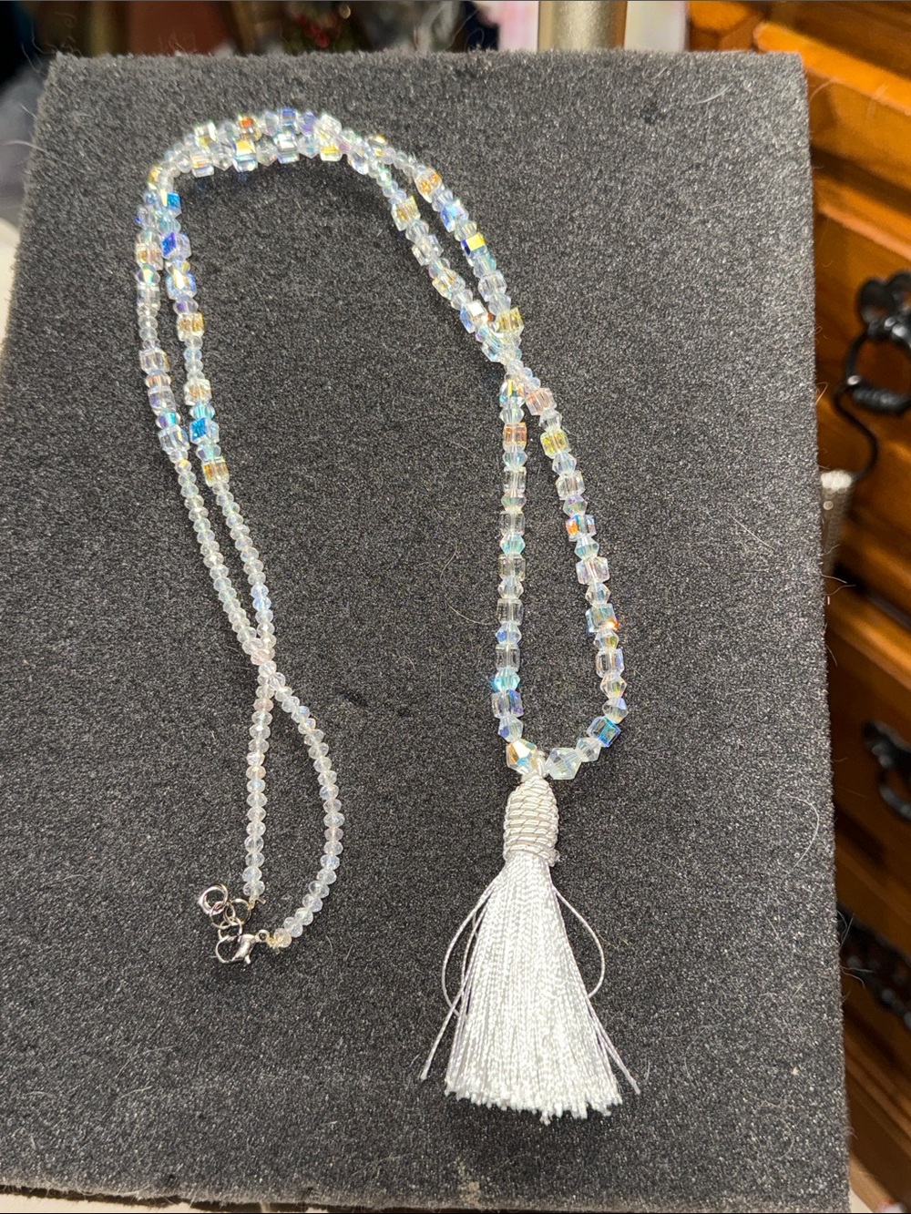 Swarovski Crystal Beaded Necklace with White Tassel LONG NEW